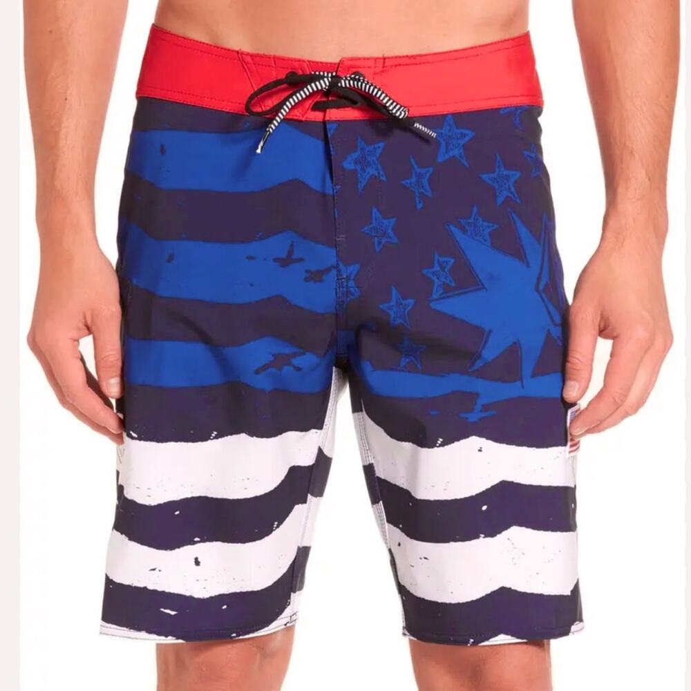 Volcom Mens Board Shorts 32 American Flag Swim Trunks Mod Tech Stars Stripes